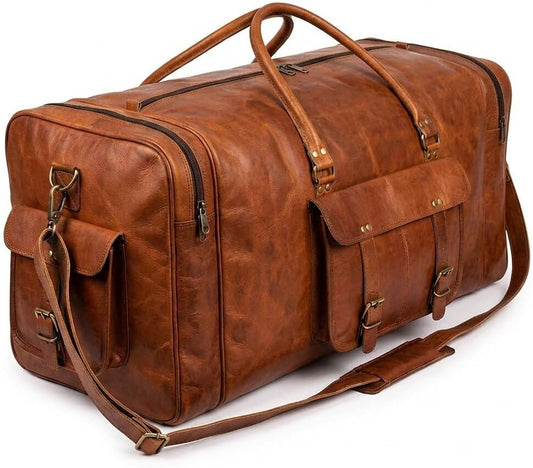 Leather 24 Inch Luggage Handmade Duffel Bag Carryall Weekender Travel Overnight Gym Sports Carry on Duffel Bag for Men and Women