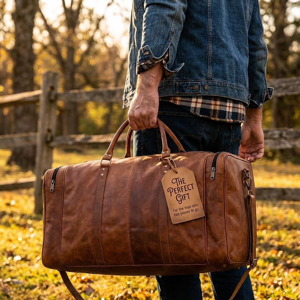 Leather 24 Inch Luggage Handmade Duffel Bag Carryall Weekender Travel Overnight Gym Sports Carry on Duffel Bag for Men and Women